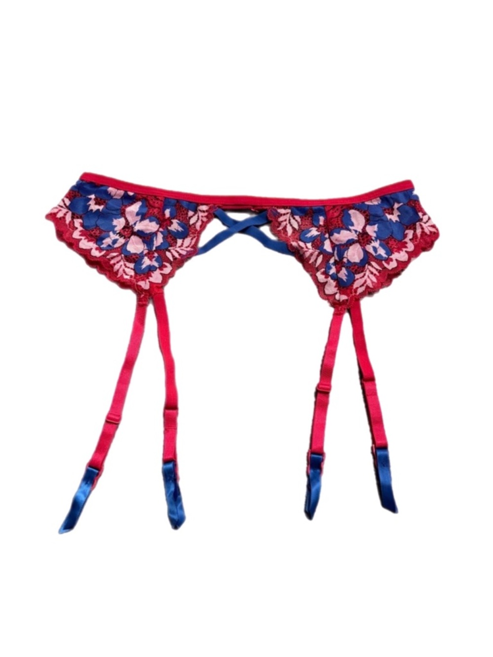 Y2K Vintage Lovehoney Floral Lace Strappy Garter Belt (Blue/Red/Pink) Size: S-L